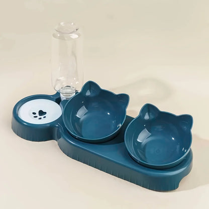 3 in 1 Cat Ear Design Pet Bowls Set with Water Feeder & Gravity Water Bottle for Neck Protection