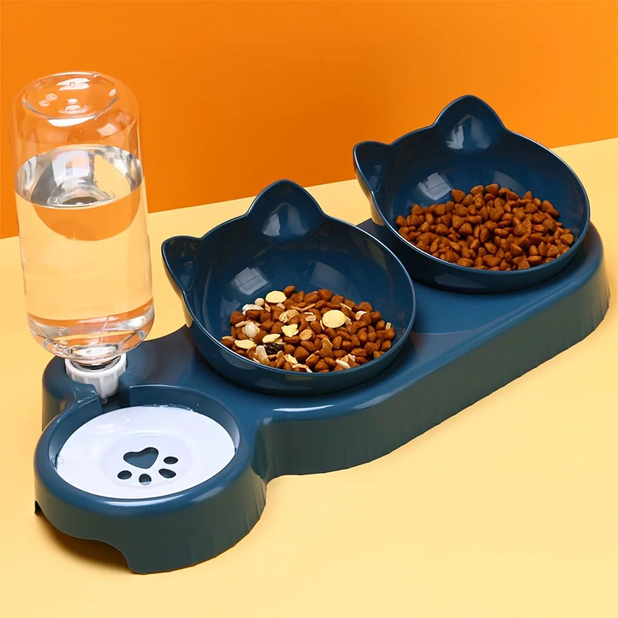 3 in 1 Cat Ear Design Pet Bowls Set with Water Feeder & Gravity Water Bottle for Neck Protection