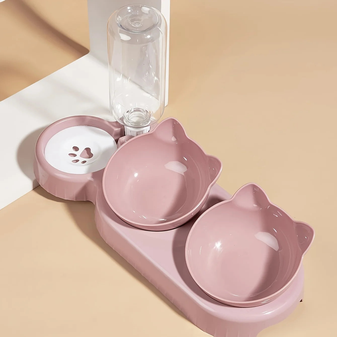 3 in 1 Cat Ear Design Pet Bowls Set with Water Feeder & Gravity Water Bottle for Neck Protection