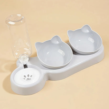 3 in 1 Cat Ear Design Pet Bowls Set with Water Feeder & Gravity Water Bottle for Neck Protection