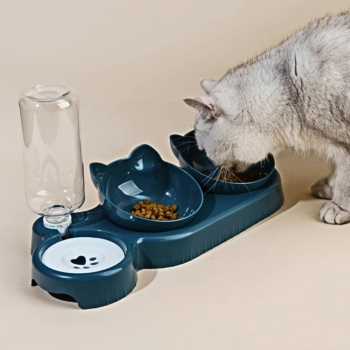 3 in 1 Cat Ear Design Pet Bowls Set with Water Feeder & Gravity Water Bottle for Neck Protection