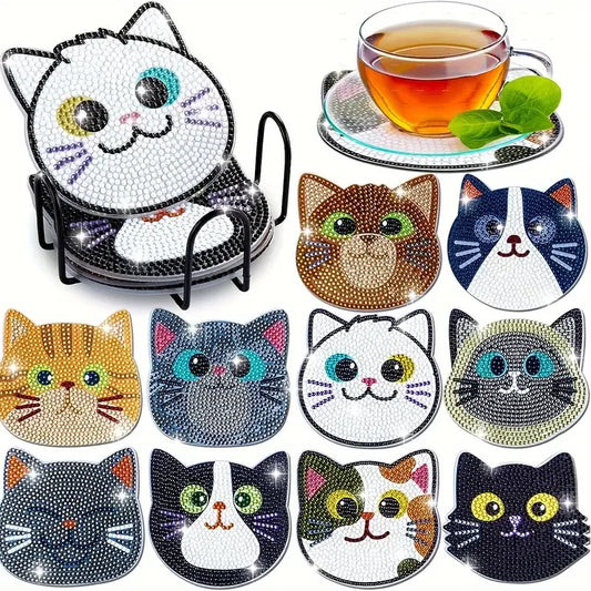 10Pcs Diamond Painting Coasters Set, DIY Cartoon Cat Pattern round Coasters 10X10Cm/3.93X3.93In